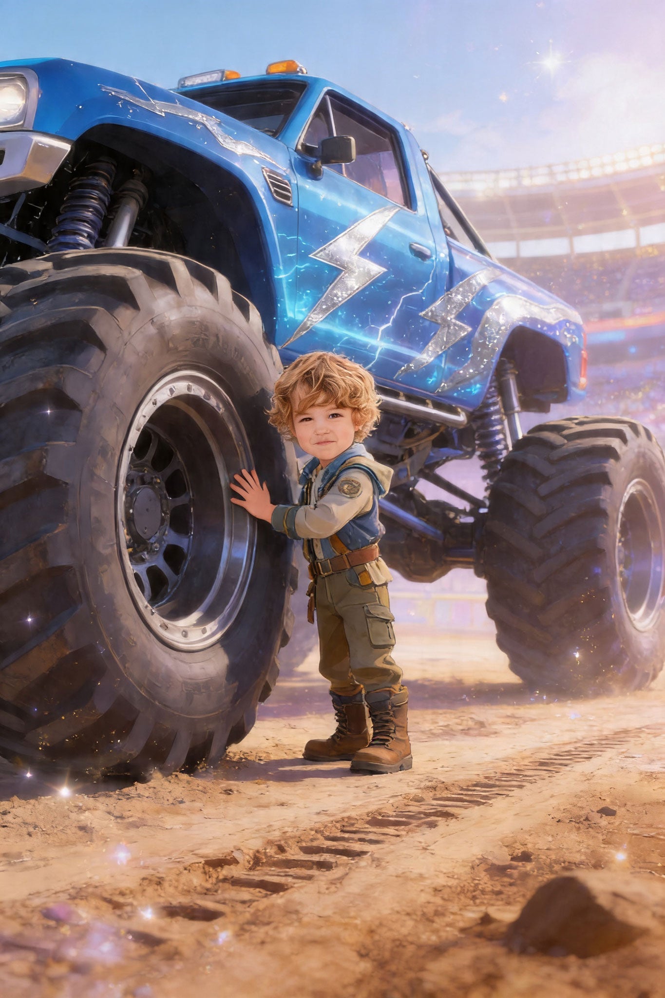 ⚡ Blue lightning truck with giant tire focus