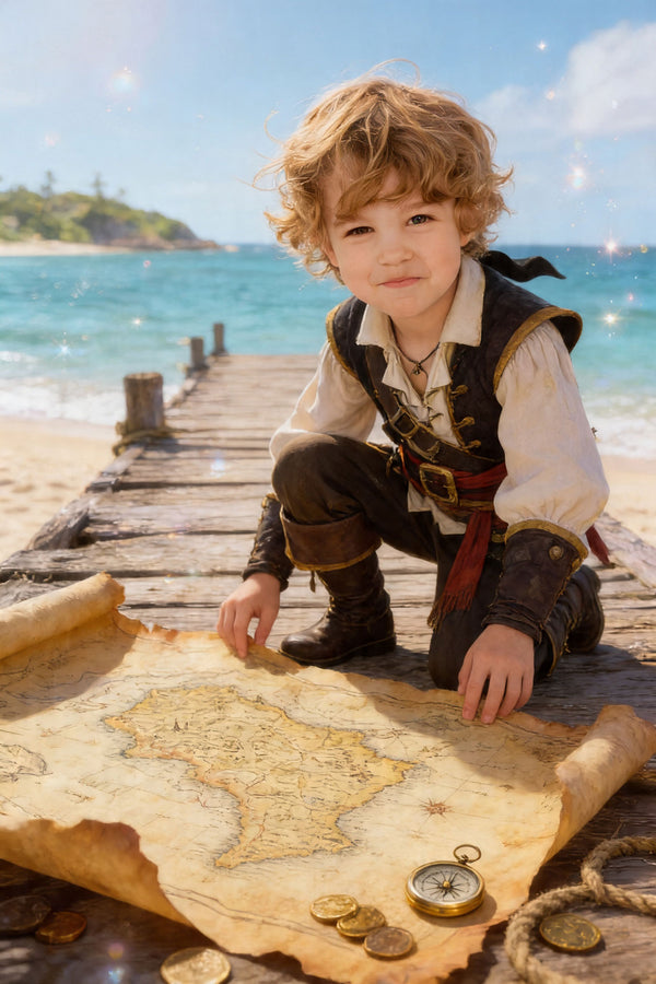 🗺️ Old treasure map on wooden dock