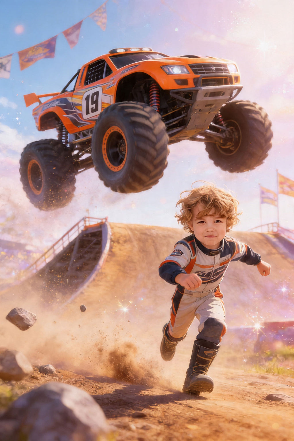 🧡 Orange stunt truck jumping ramp