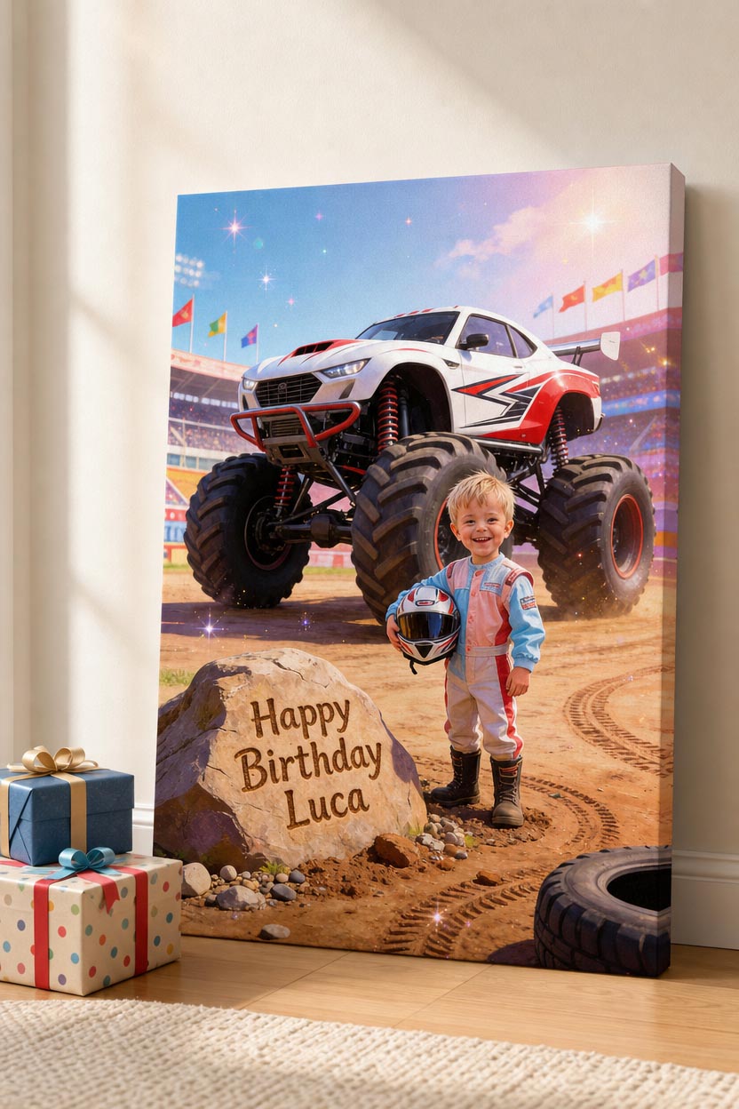 🏁 White-and-red racing truck with helmet