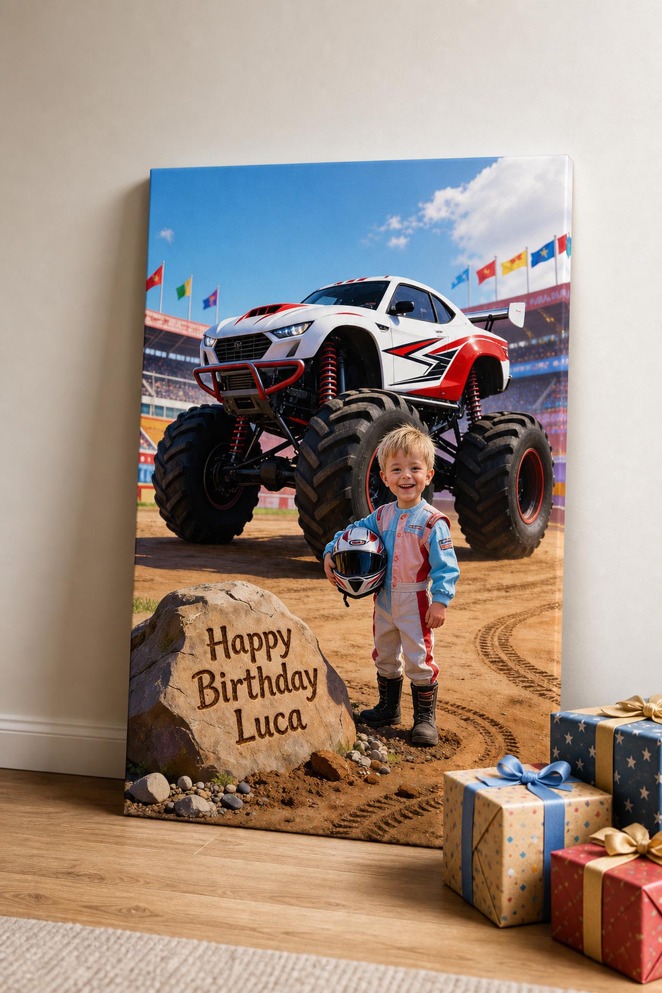 🏁 White-and-red racing truck with helmet