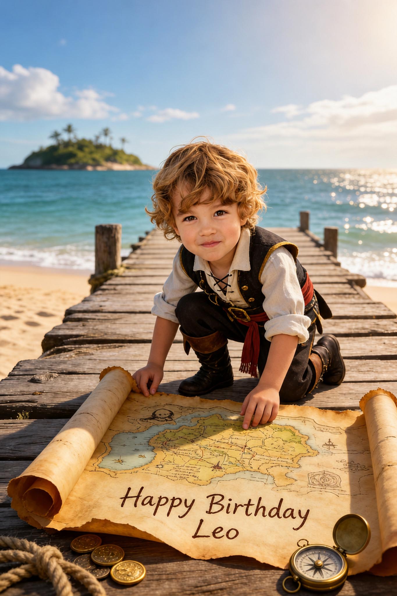 🗺️ Old treasure map on wooden dock