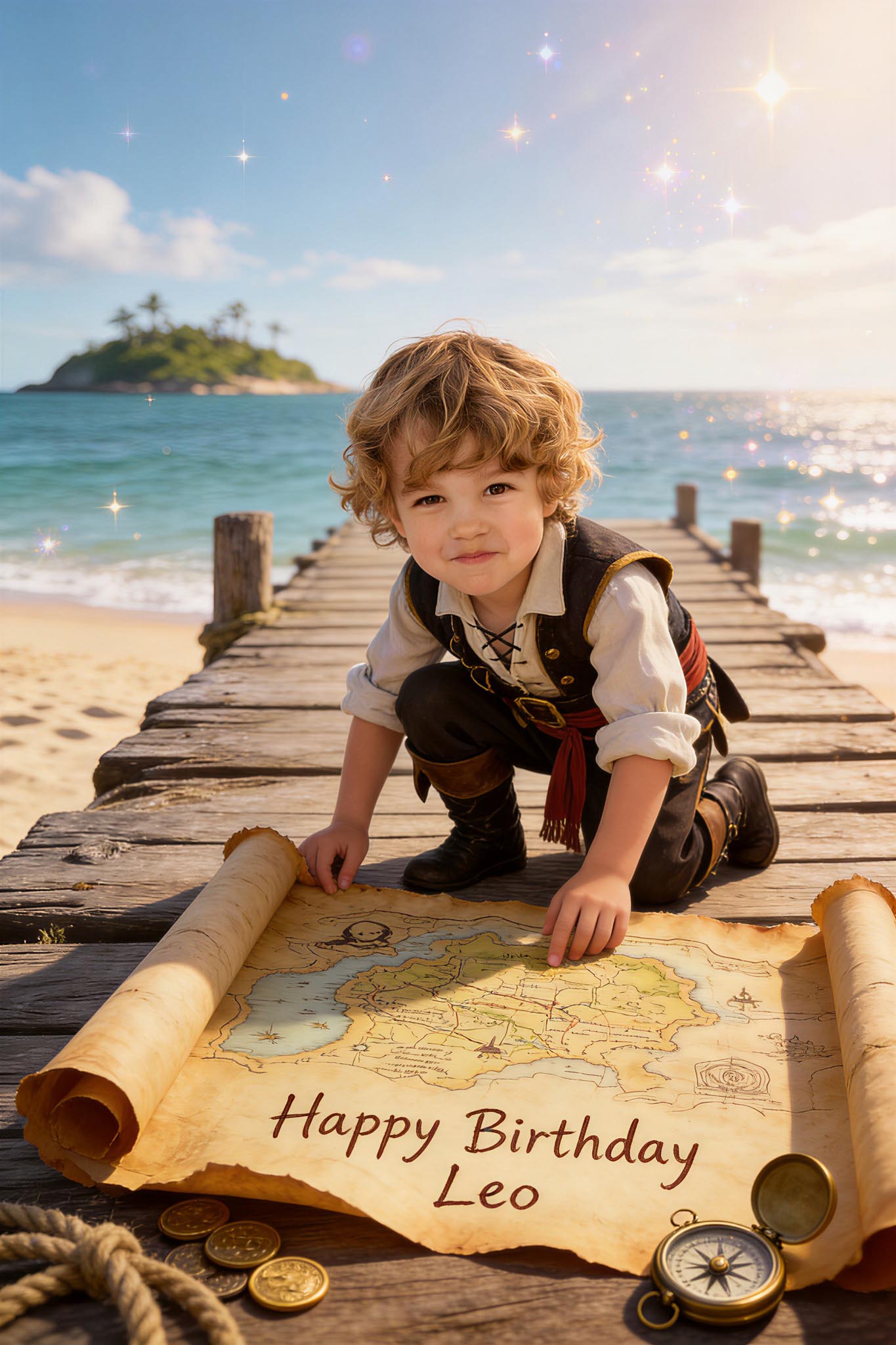 🗺️ Old treasure map on wooden dock