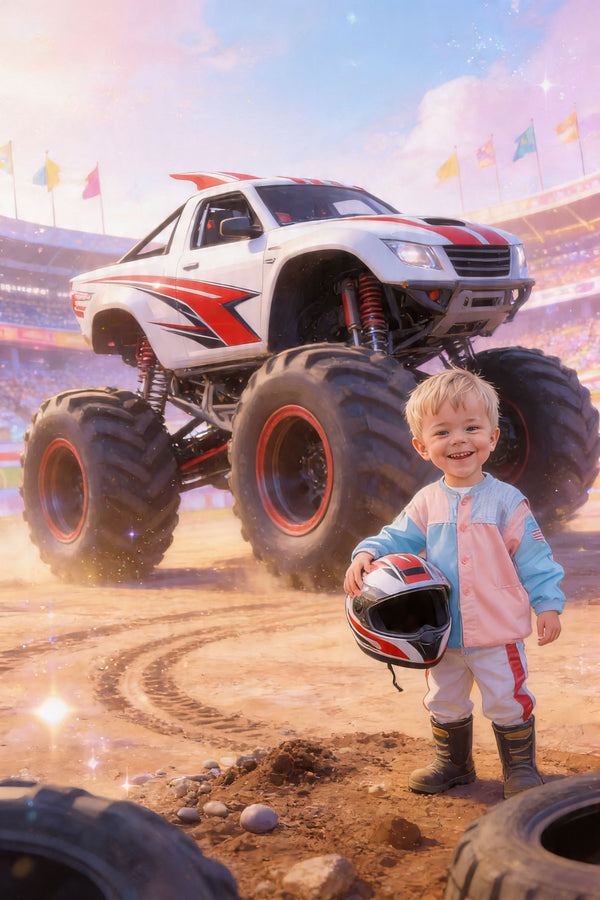 🏁 White-and-red racing truck with helmet