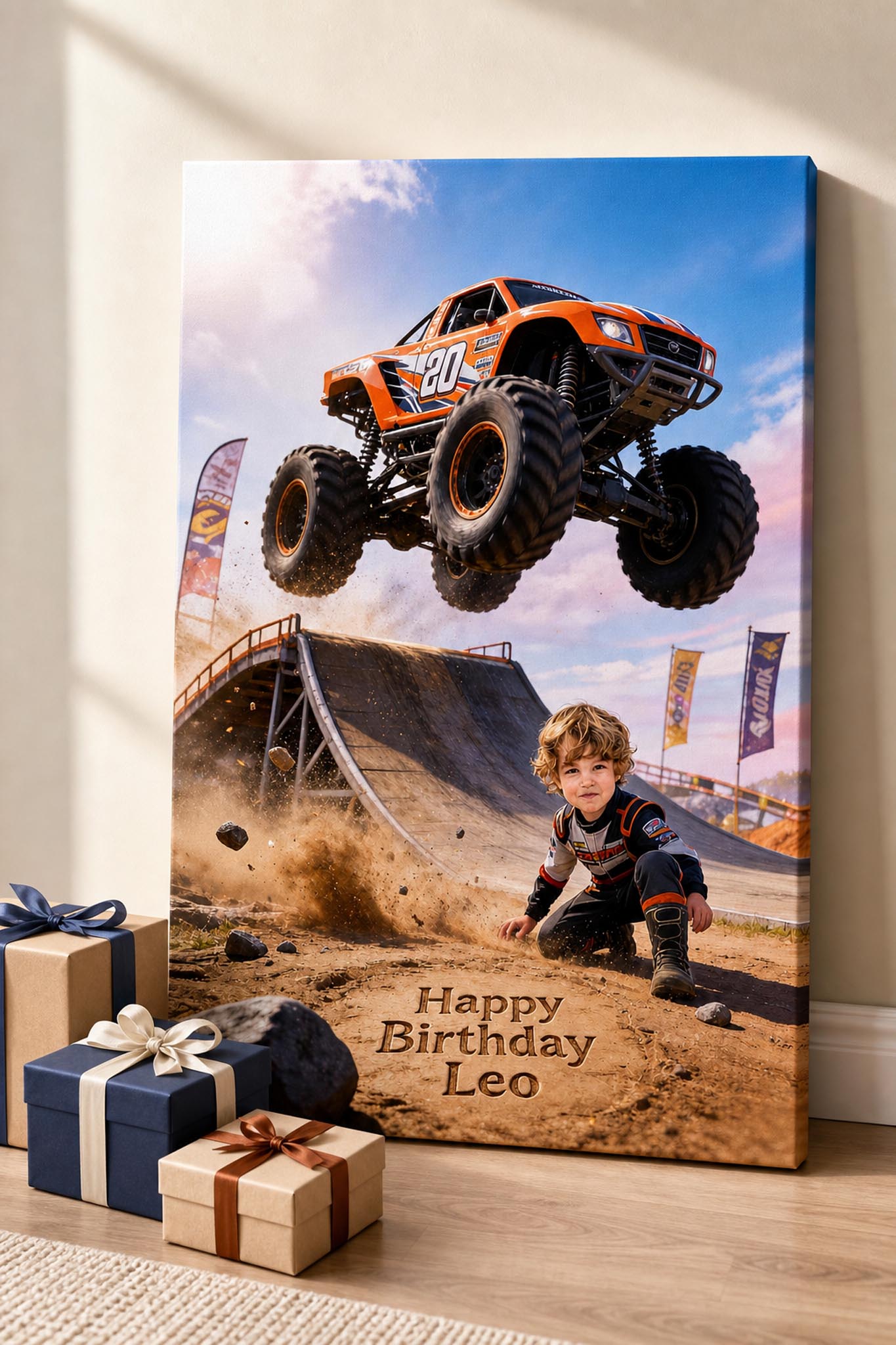 🧡 Orange stunt truck jumping ramp