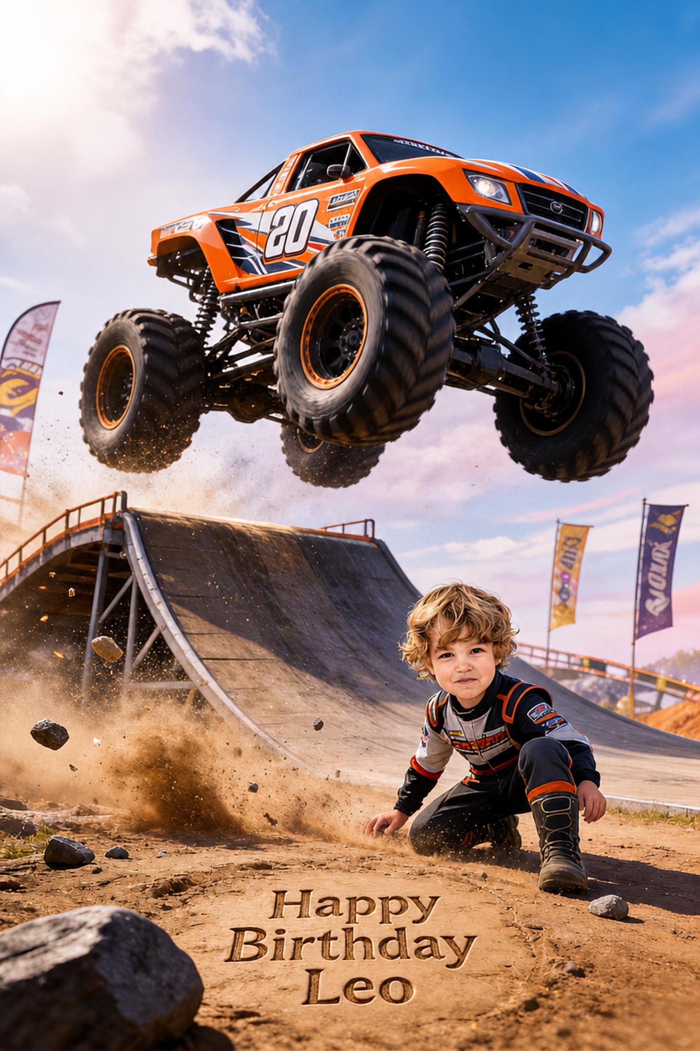 🧡 Orange stunt truck jumping ramp