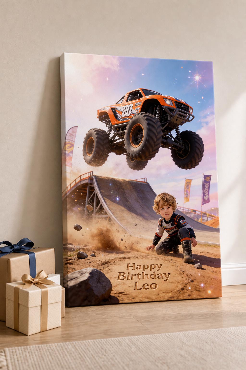 🧡 Orange stunt truck jumping ramp
