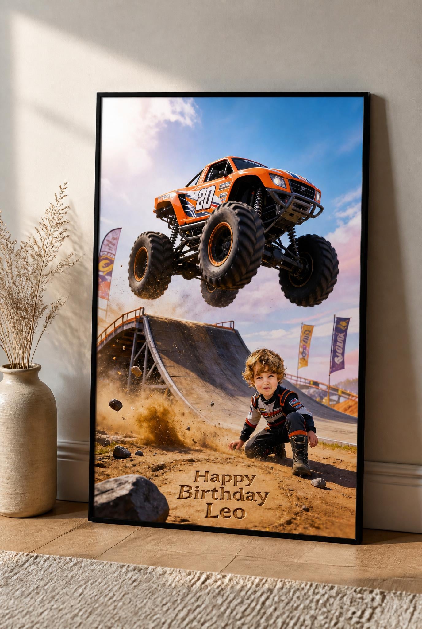 🧡 Orange stunt truck jumping ramp