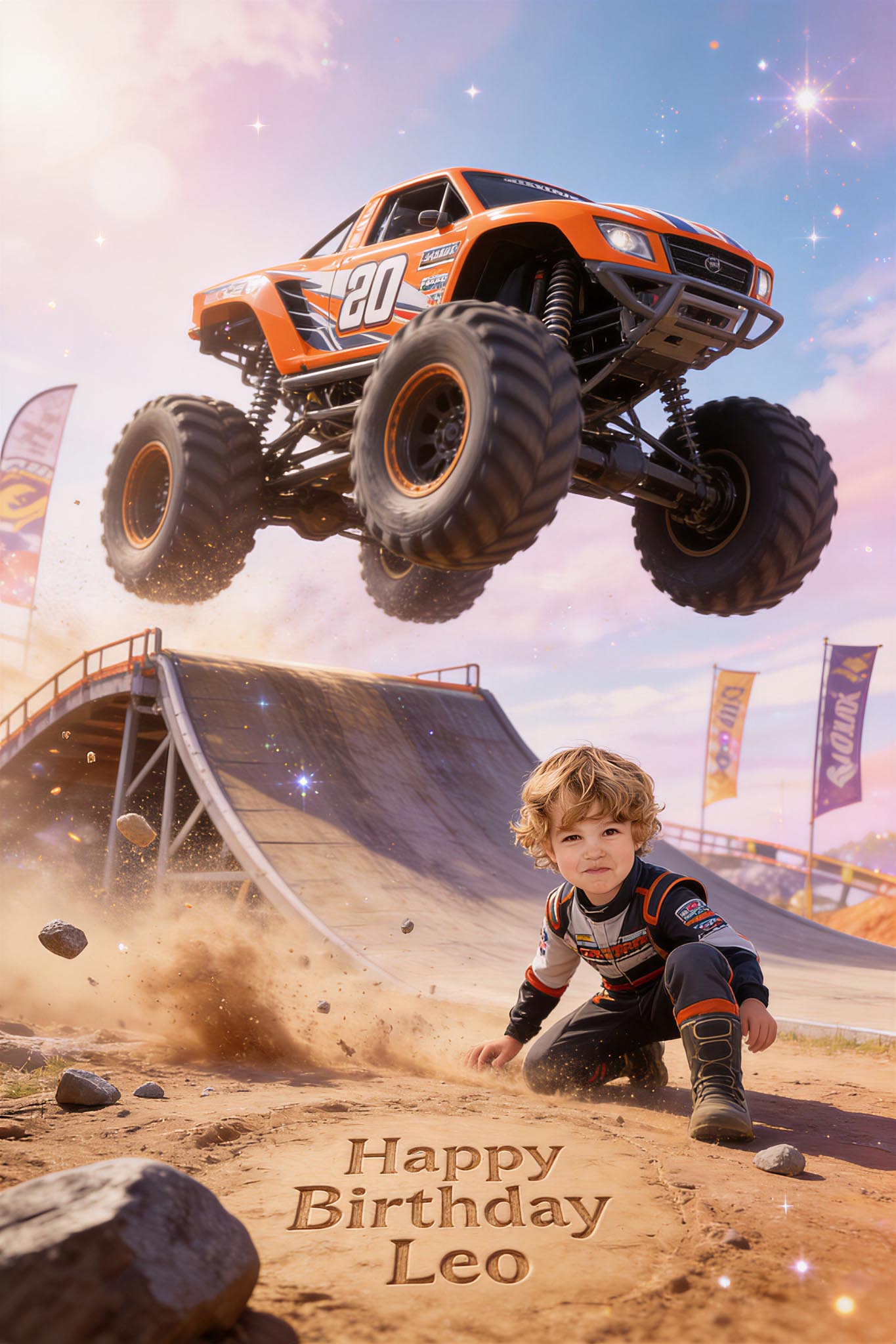 🧡 Orange stunt truck jumping ramp