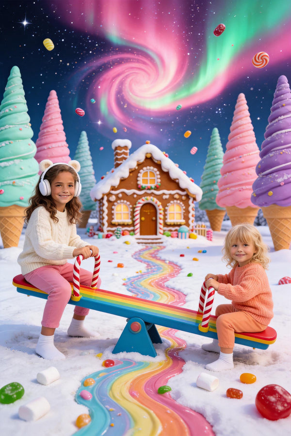 🛝 Two sisters playing seesaw in winter candyland