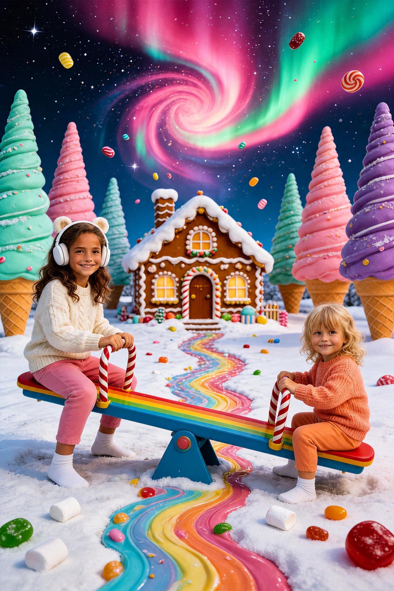 🛝 Two sisters playing seesaw in winter candyland