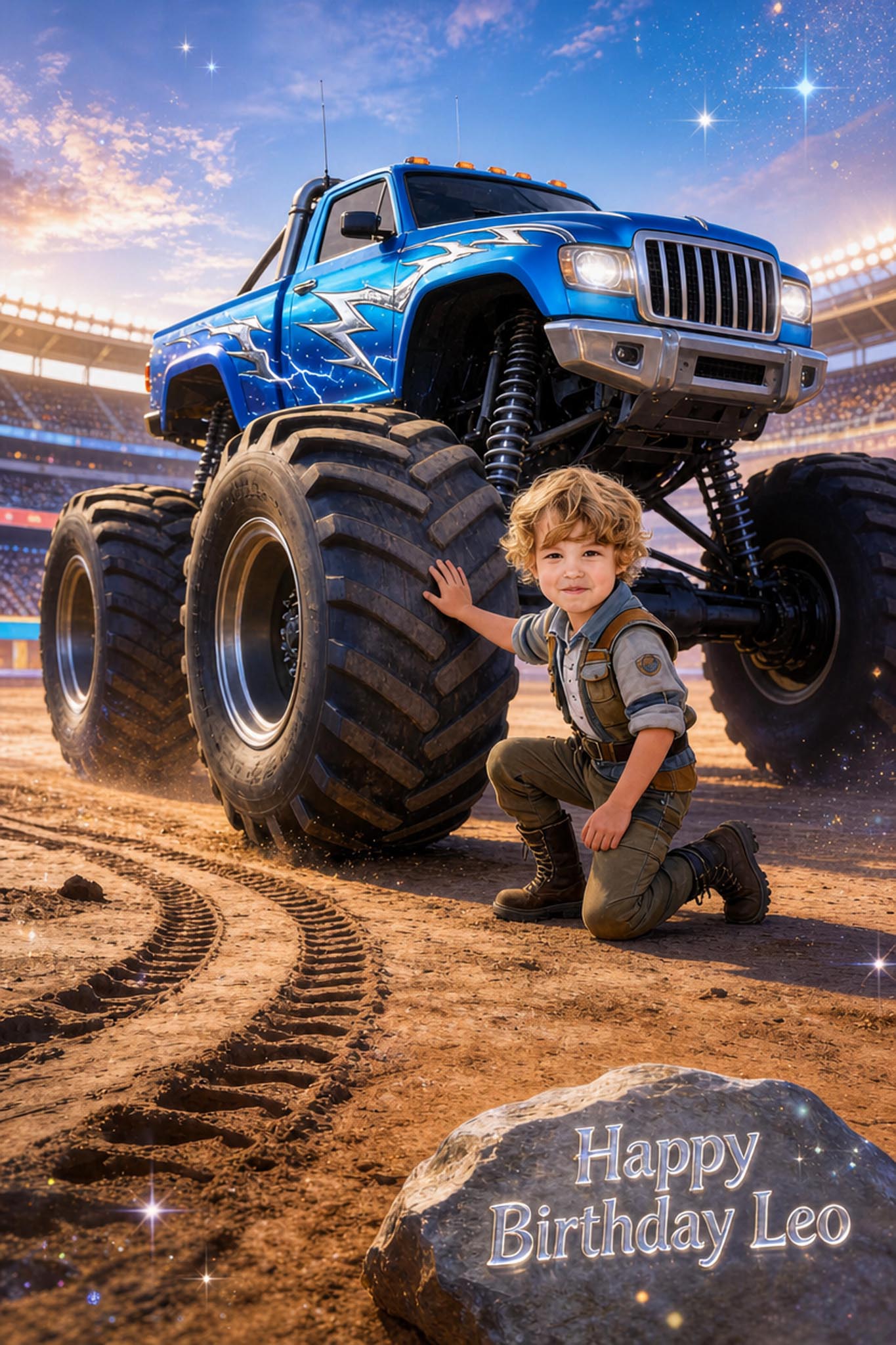 ⚡ Blue lightning truck with giant tire focus