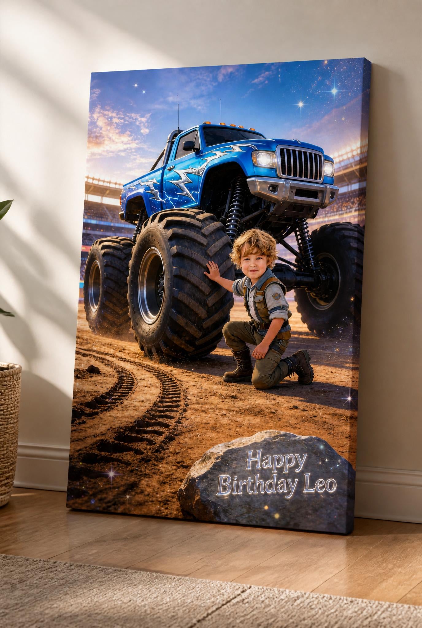 ⚡ Blue lightning truck with giant tire focus