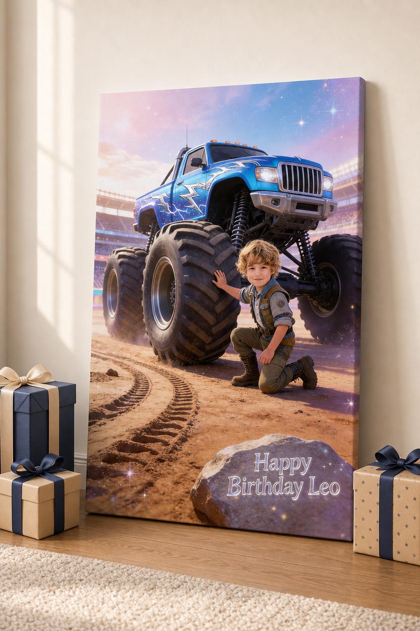 ⚡ Blue lightning truck with giant tire focus
