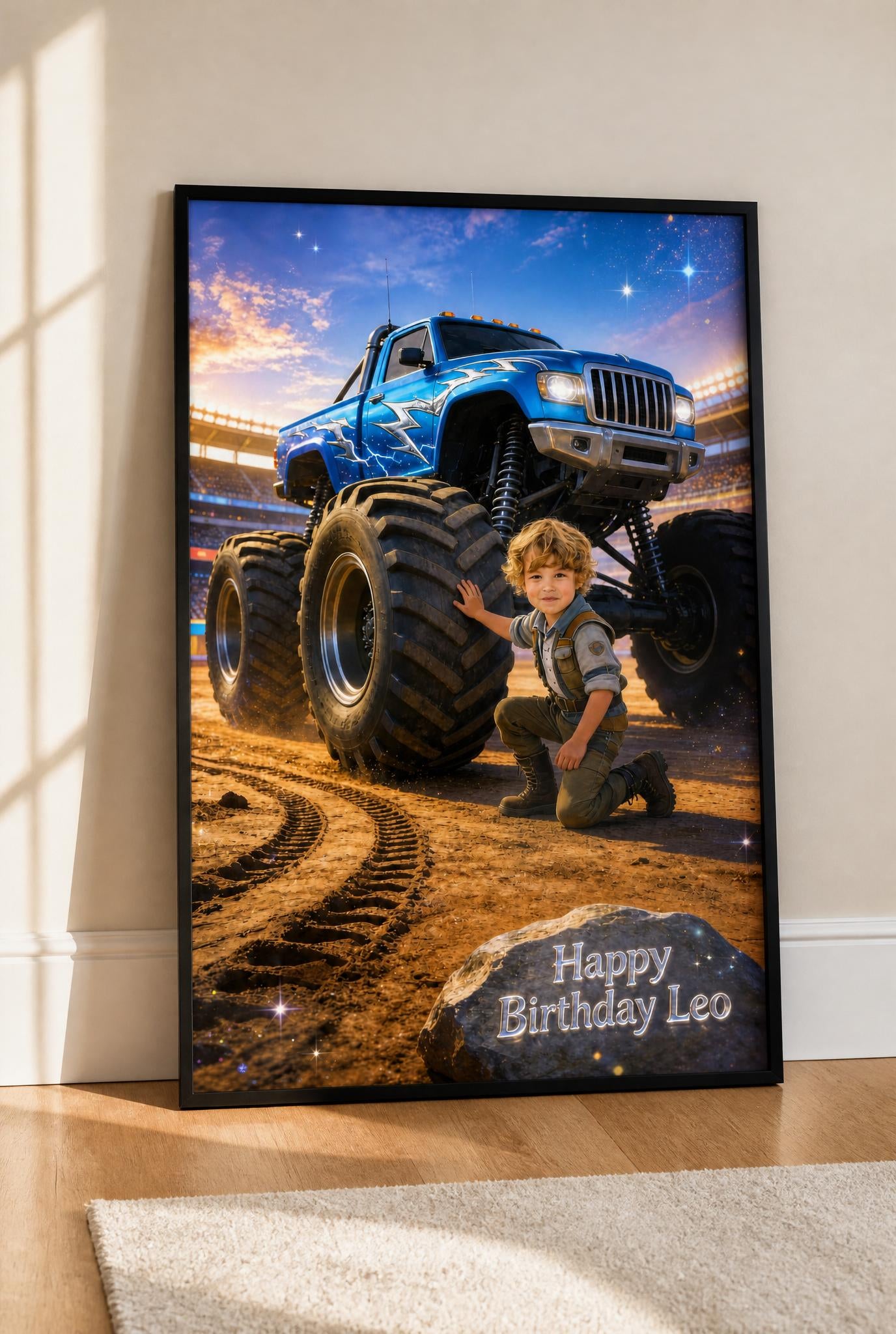 ⚡ Blue lightning truck with giant tire focus