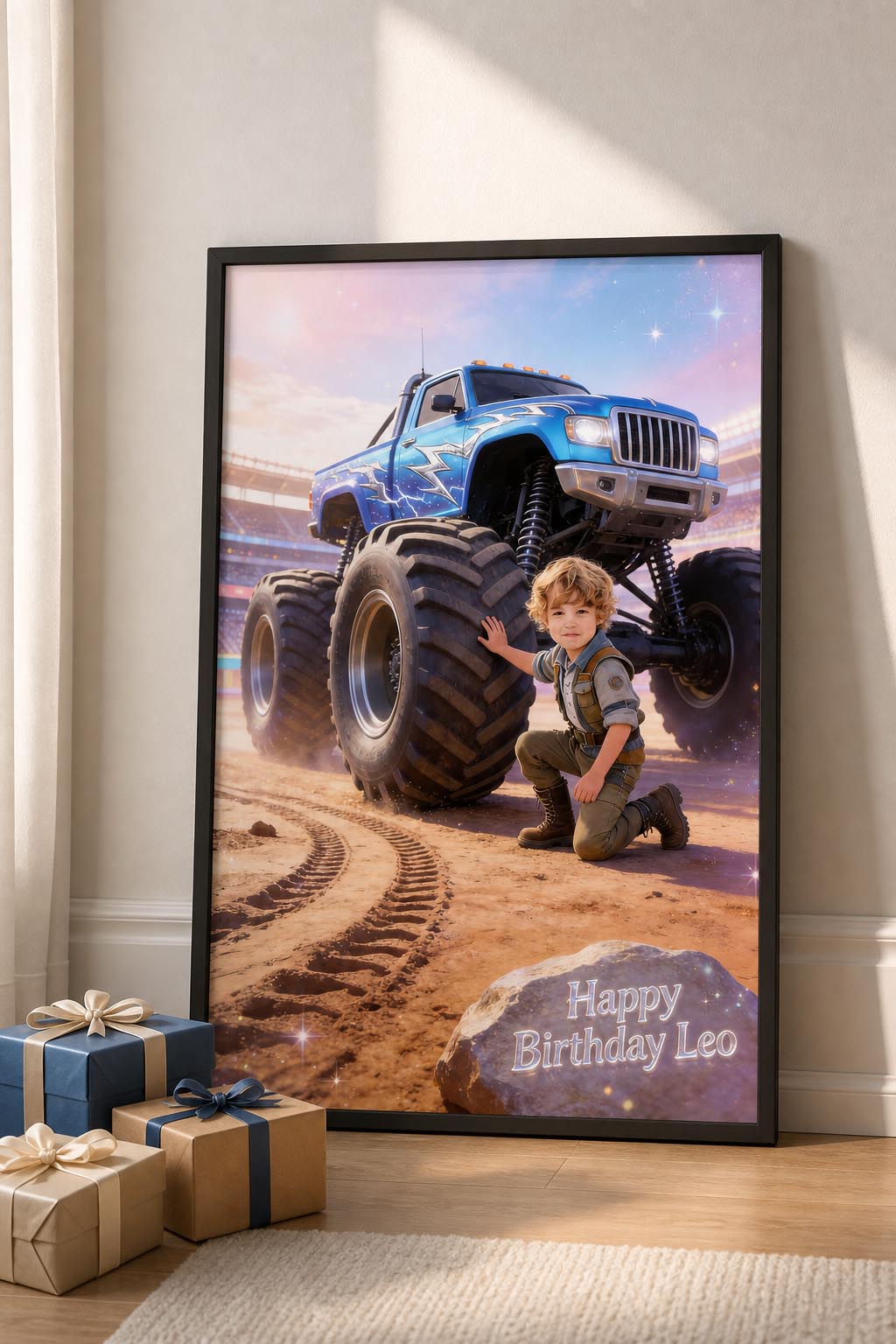 ⚡ Blue lightning truck with giant tire focus