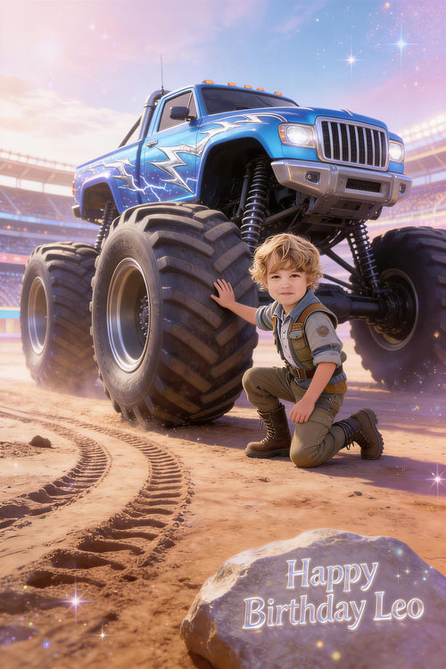 ⚡ Blue lightning truck with giant tire focus