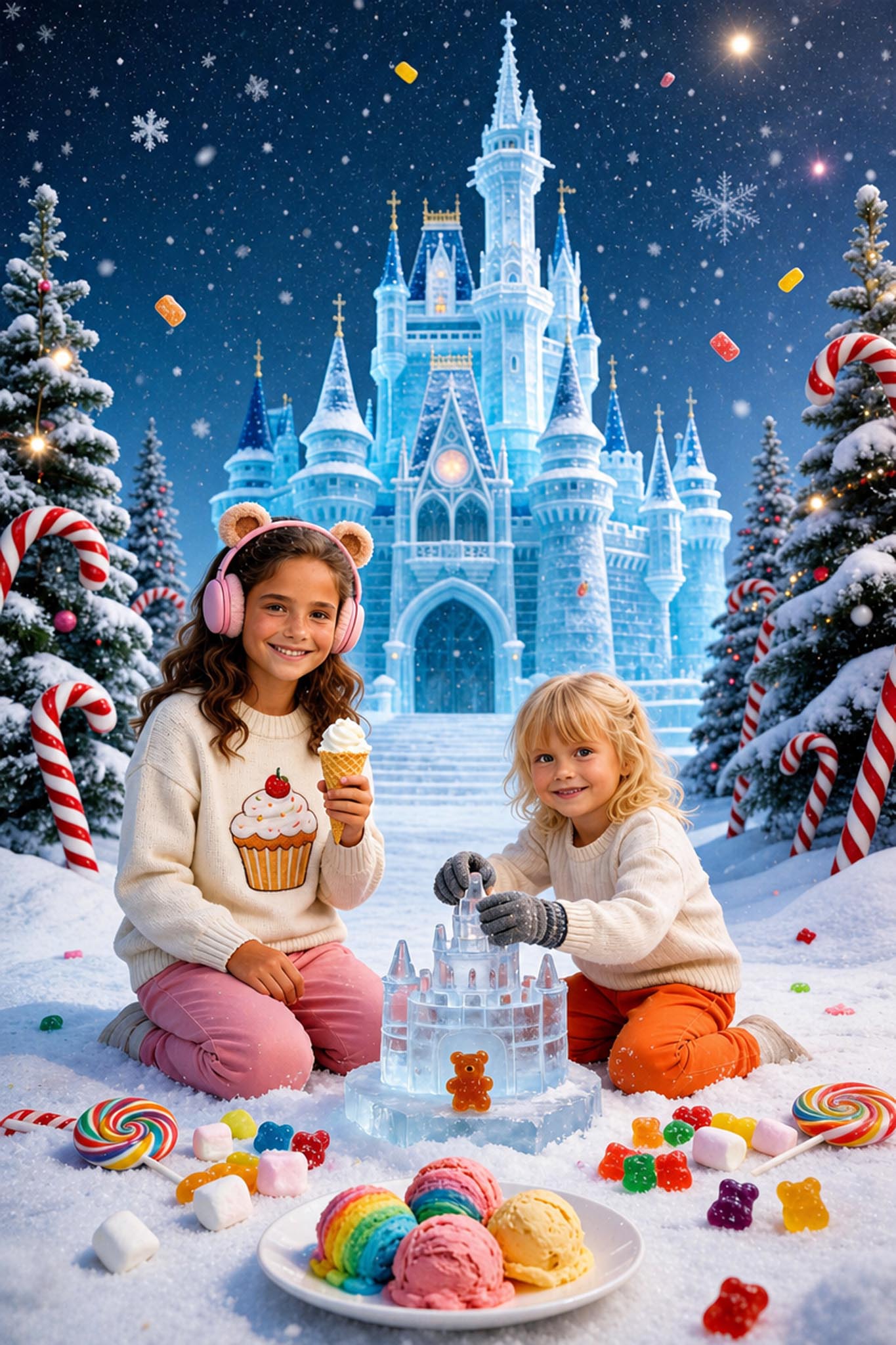🏰 Two sisters building a castle in winter Candyland
