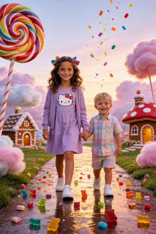 🤝 Big sister and brother holding hands in Candyland