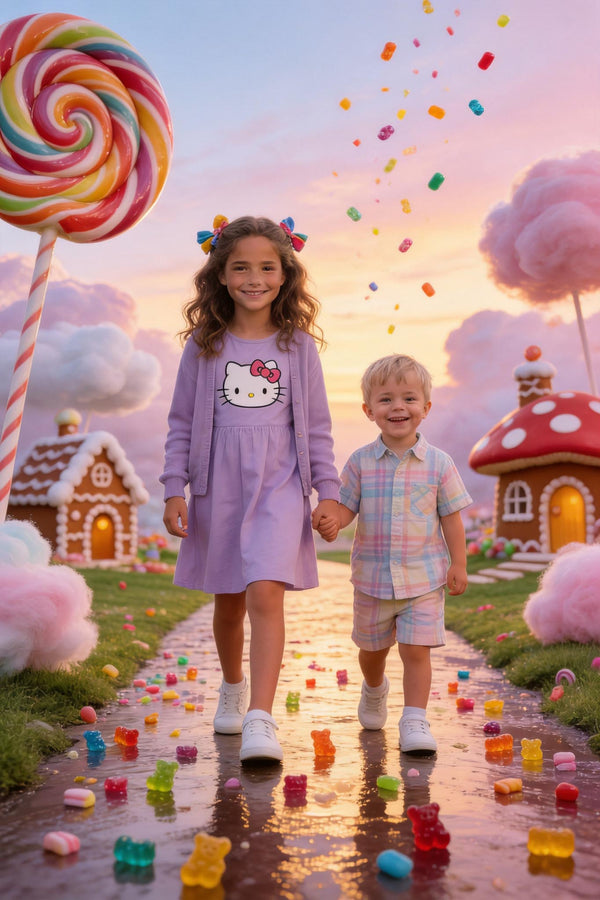 🤝 Big sister and brother holding hands in Candyland