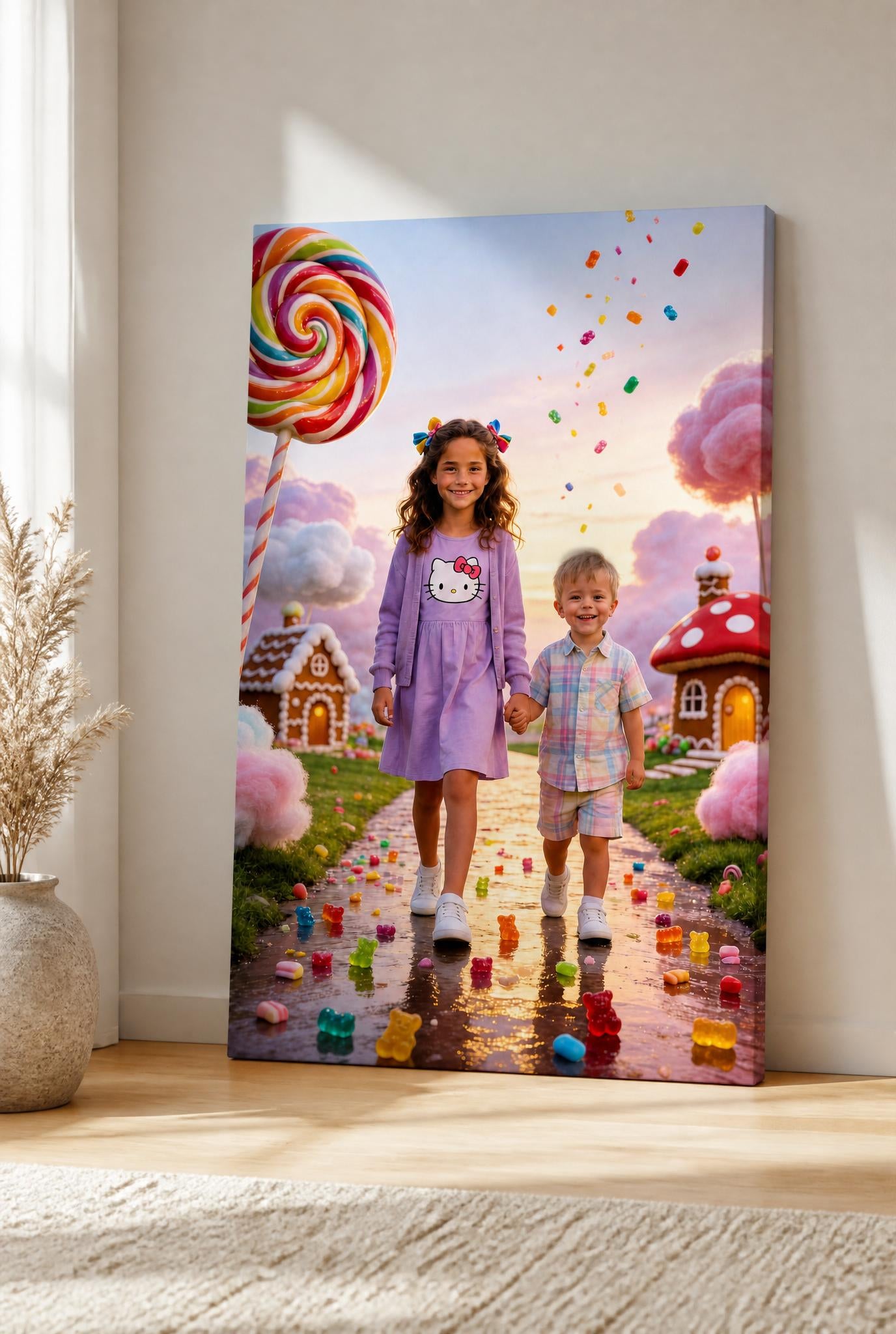 🤝 Big sister and brother holding hands in Candyland