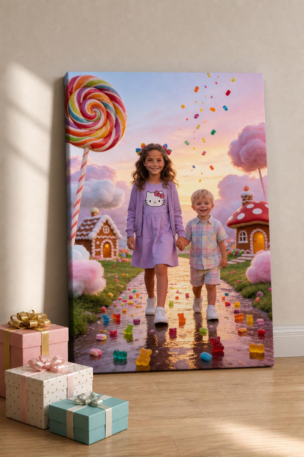 🤝 Big sister and brother holding hands in Candyland