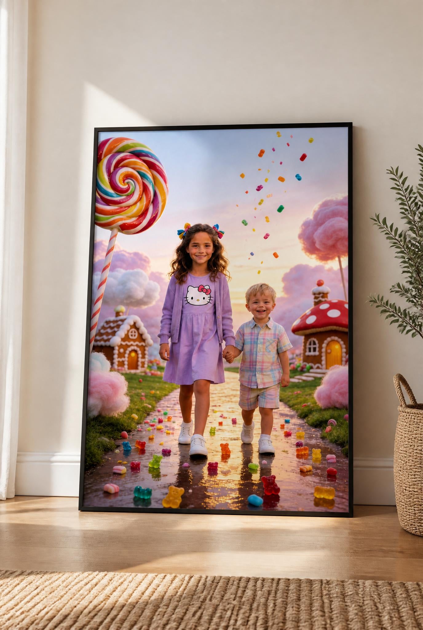 🤝 Big sister and brother holding hands in Candyland