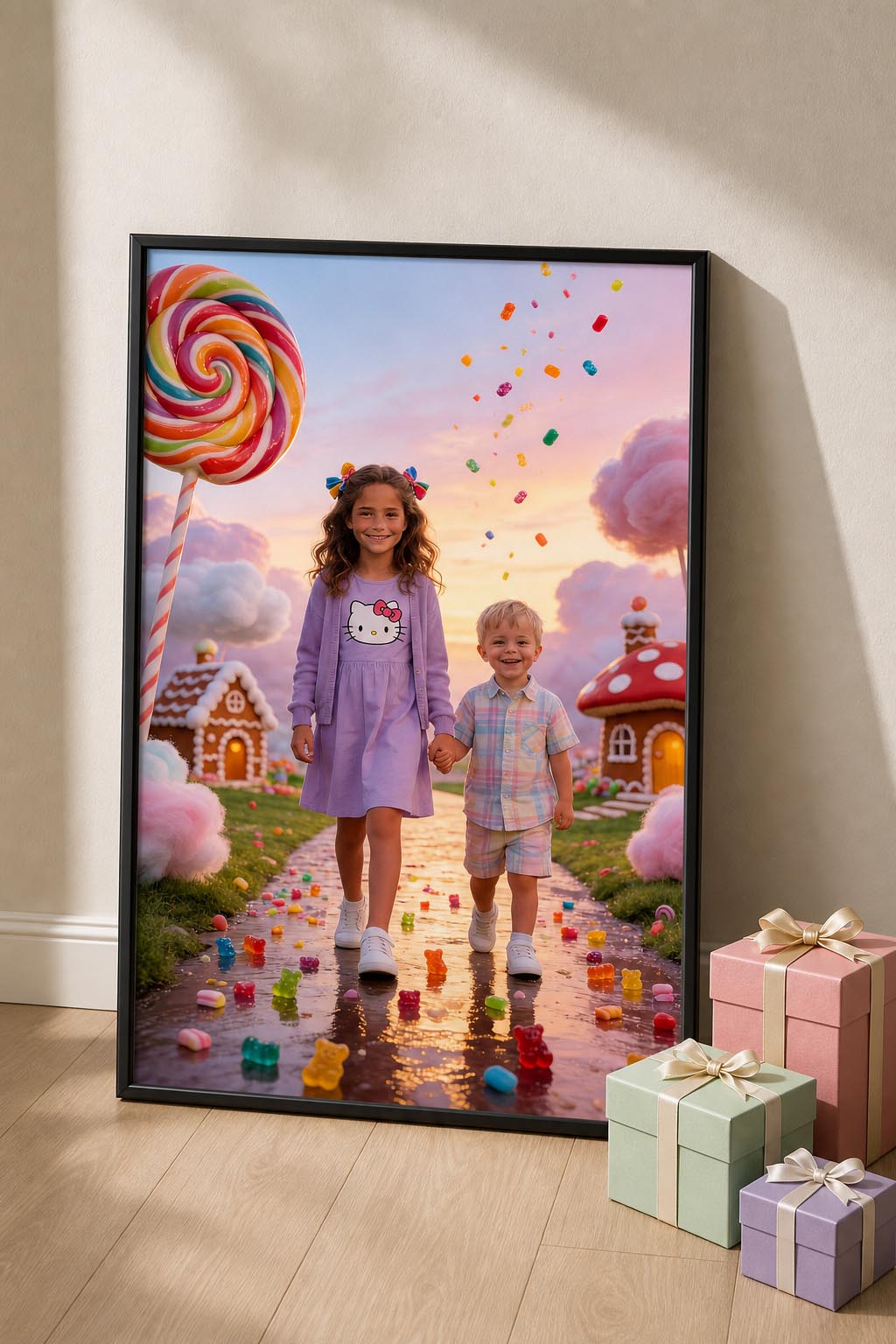 🤝 Big sister and brother holding hands in Candyland