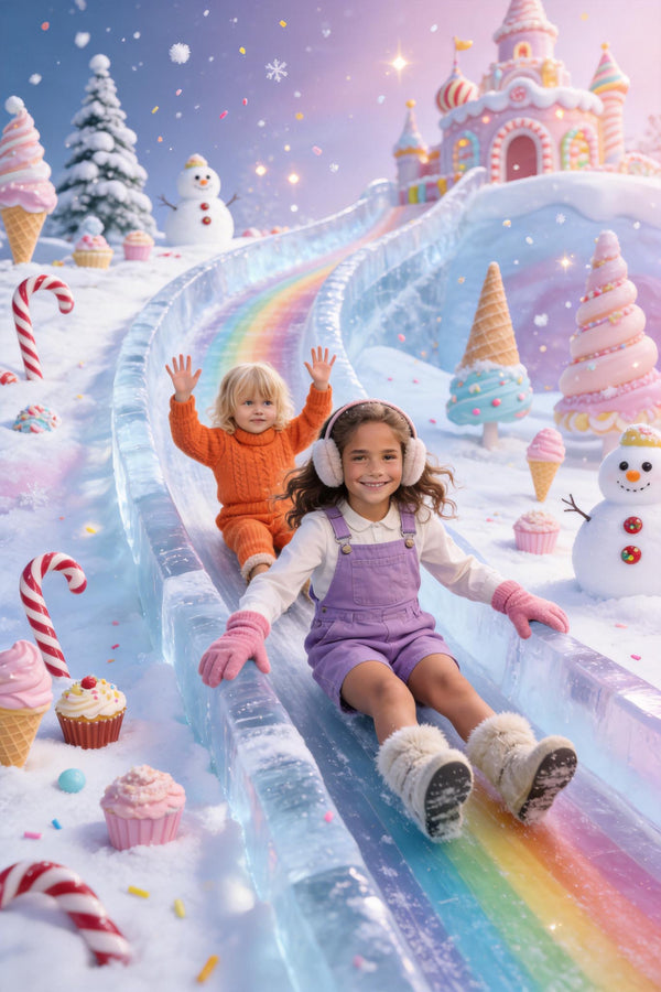 ❄️ Two sisters sliding down in winter candyland