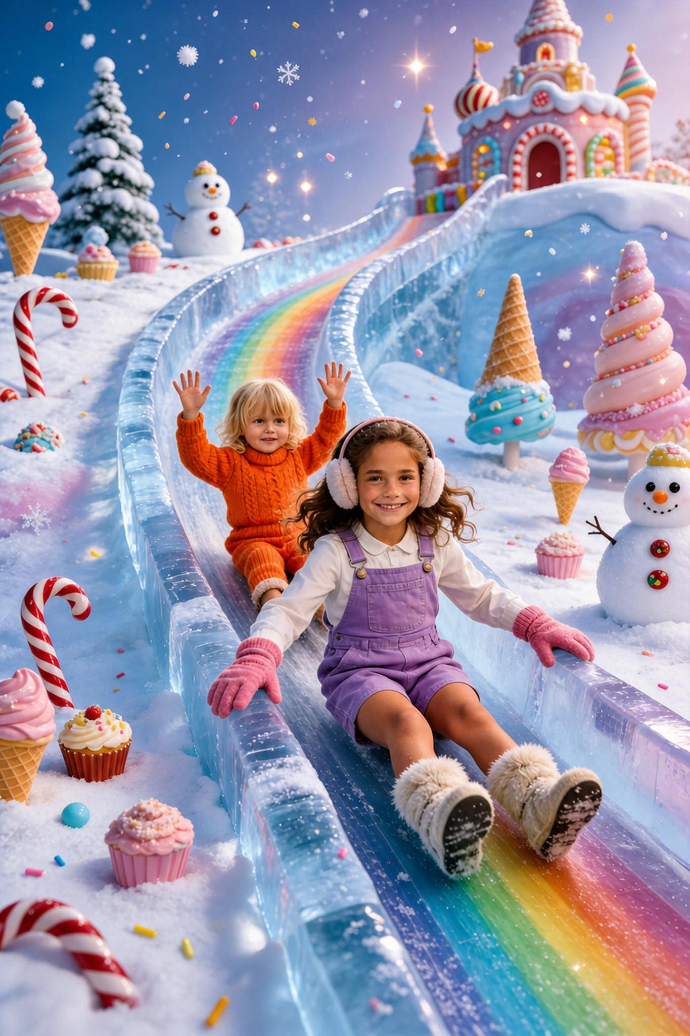 ❄️ Two sisters sliding down in winter candyland