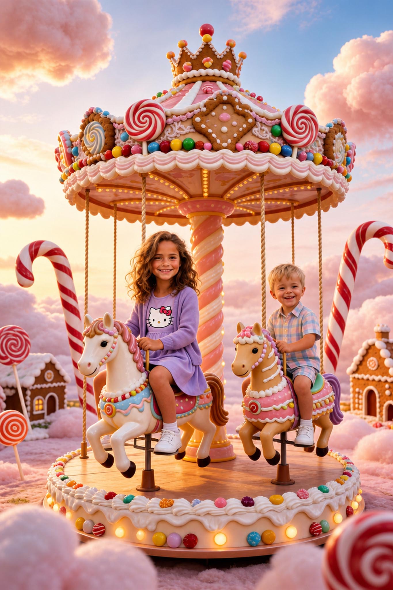 🎠 Big sister and brother playing on a carousel in Candyland