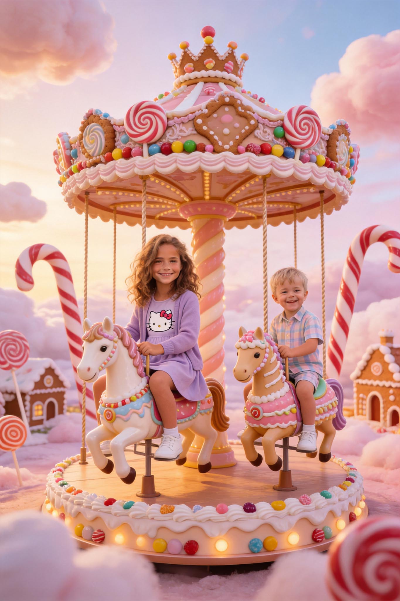 🎠 Big sister and brother playing on a carousel in Candyland