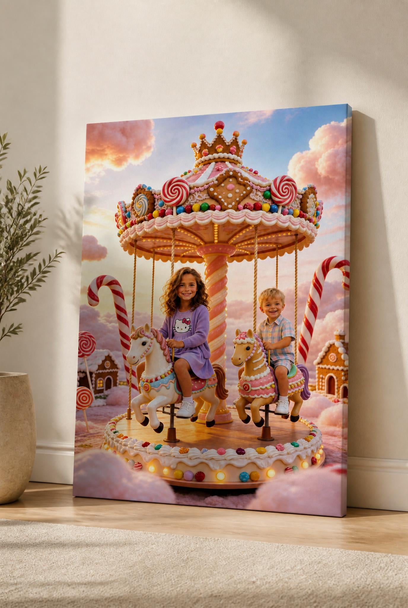 🎠 Big sister and brother playing on a carousel in Candyland
