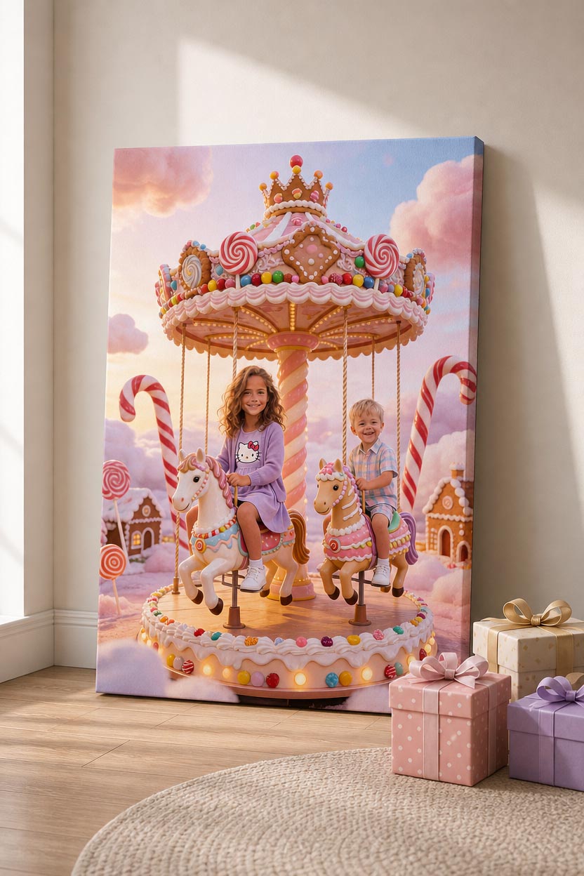 🎠 Big sister and brother playing on a carousel in Candyland