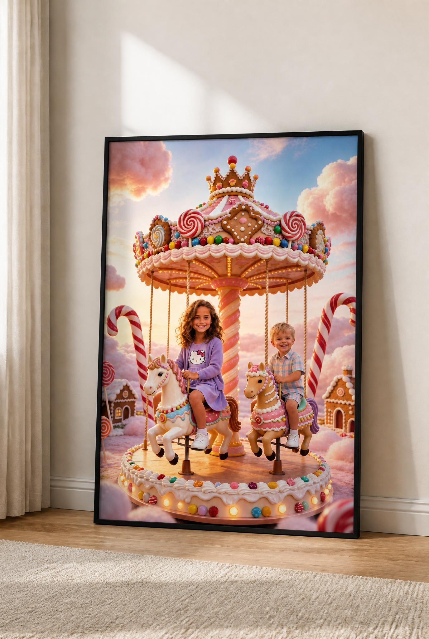 🎠 Big sister and brother playing on a carousel in Candyland