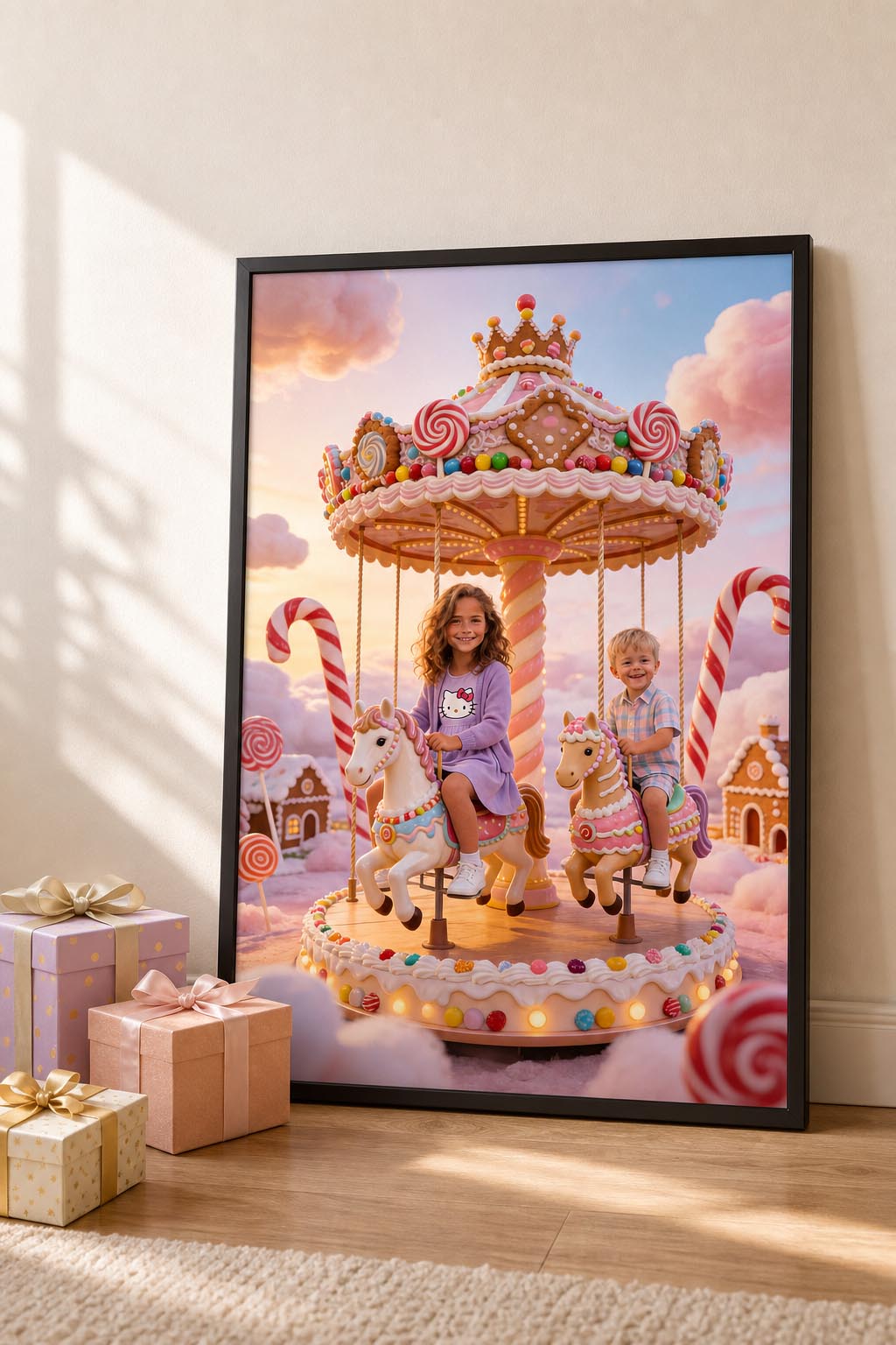 🎠 Big sister and brother playing on a carousel in Candyland