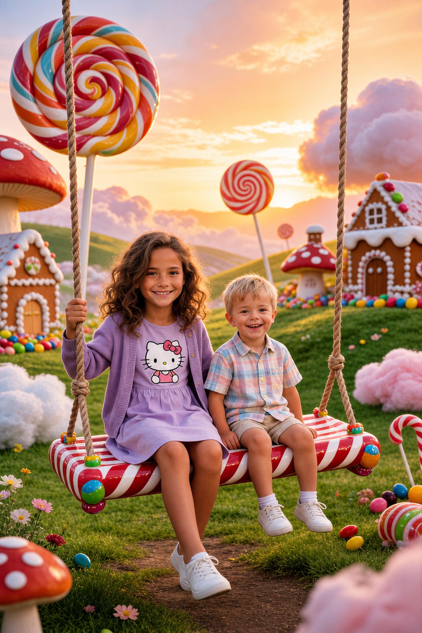 🍭 Big sister and brother playing on a swing in Candyland