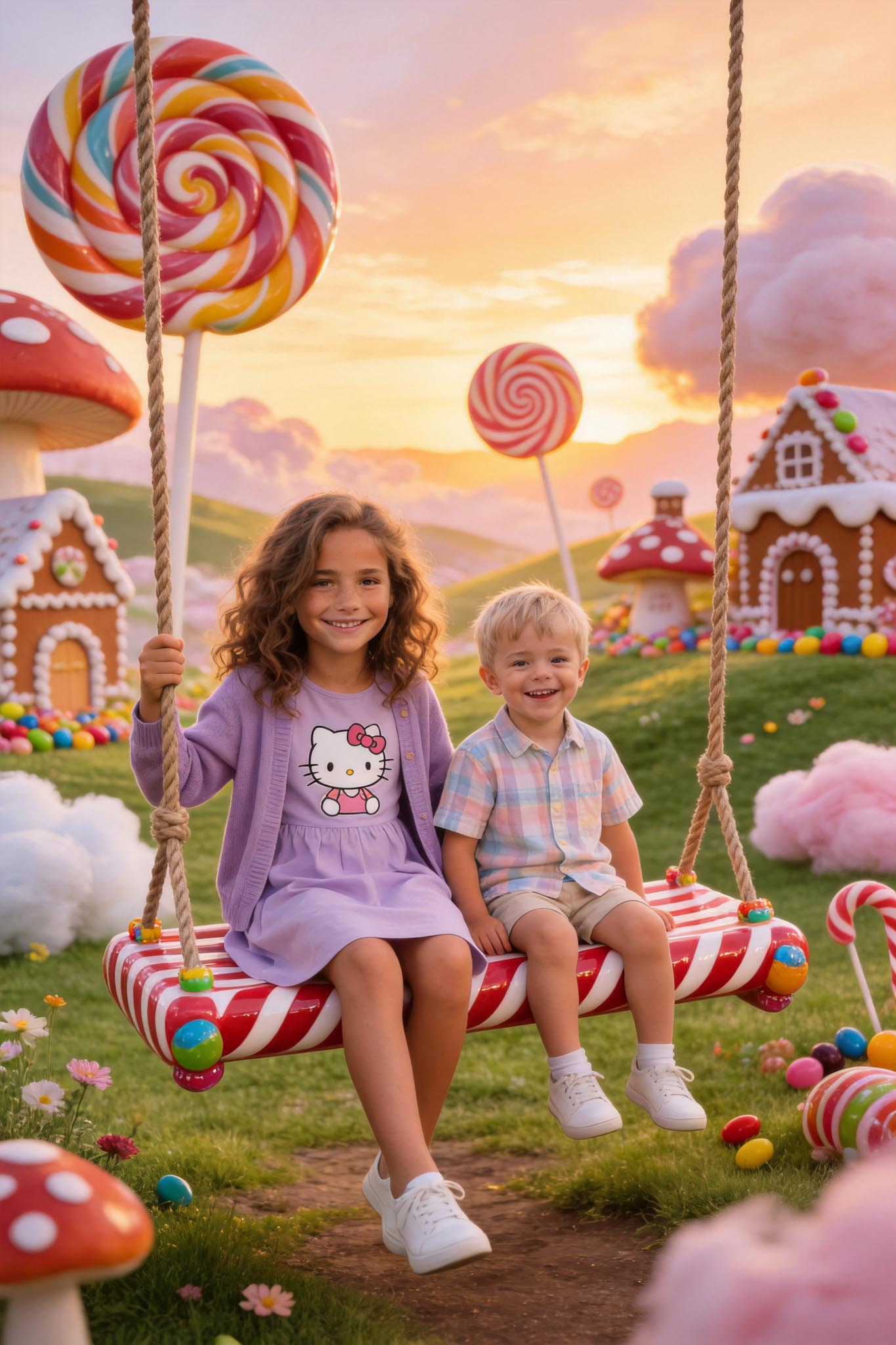 🍭 Big sister and brother playing on a swing in Candyland
