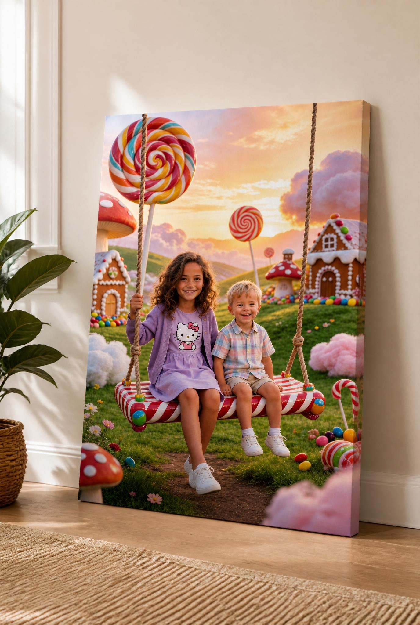 🍭 Big sister and brother playing on a swing in Candyland