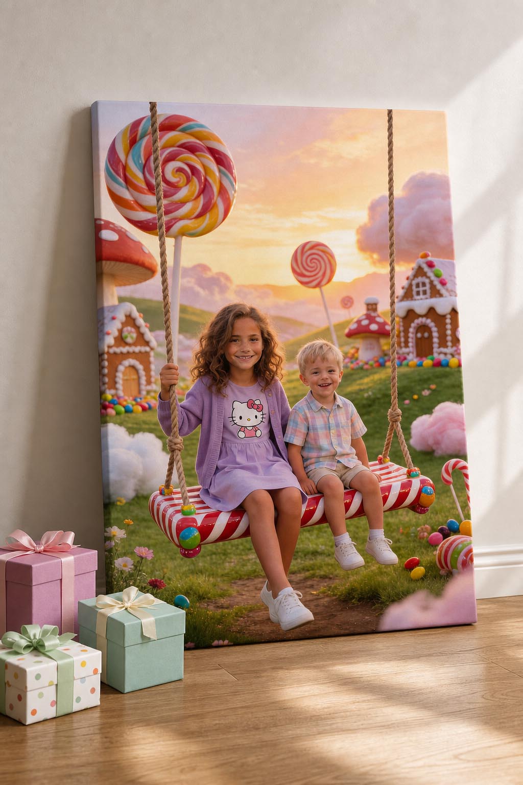 🍭 Big sister and brother playing on a swing in Candyland