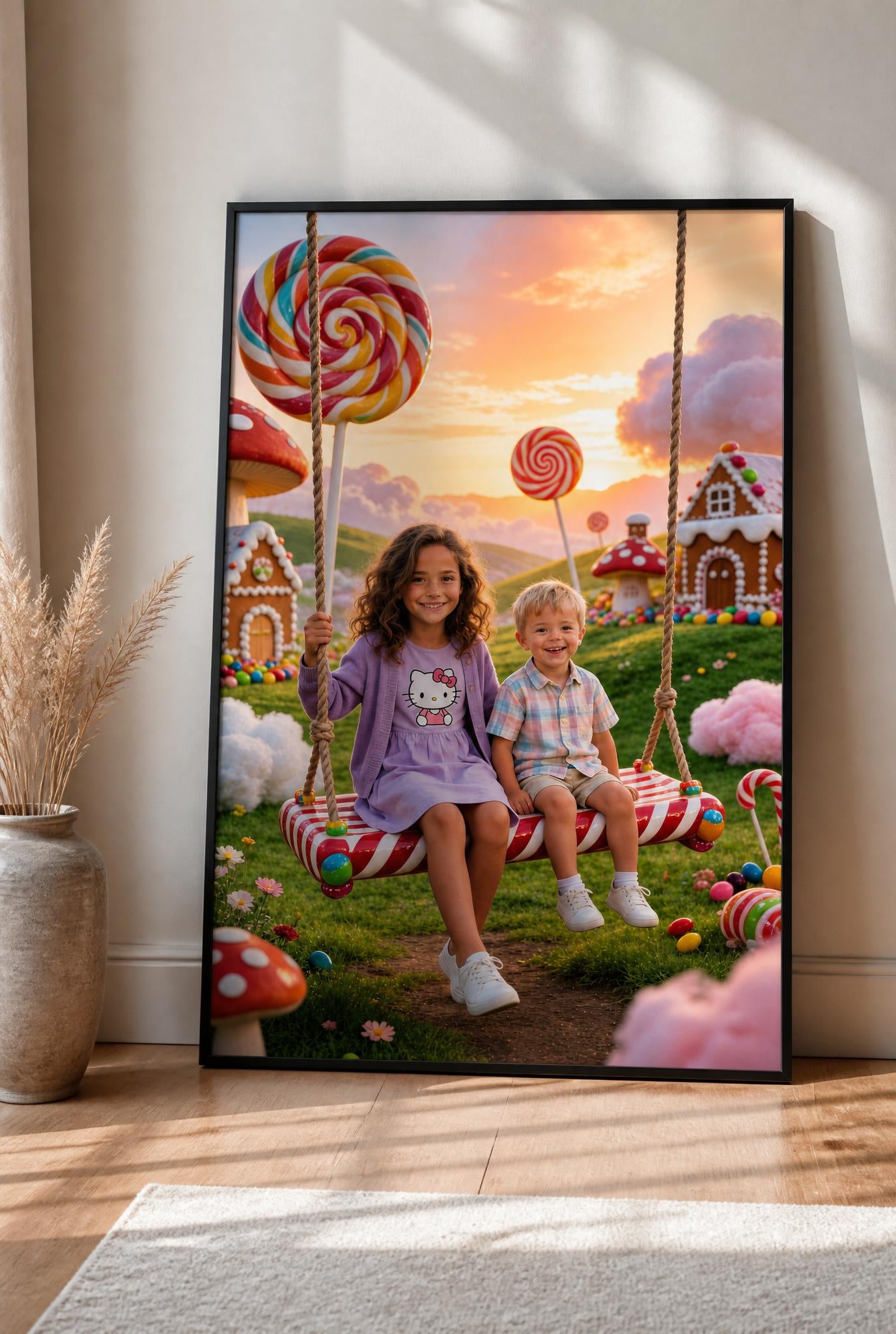 🍭 Big sister and brother playing on a swing in Candyland
