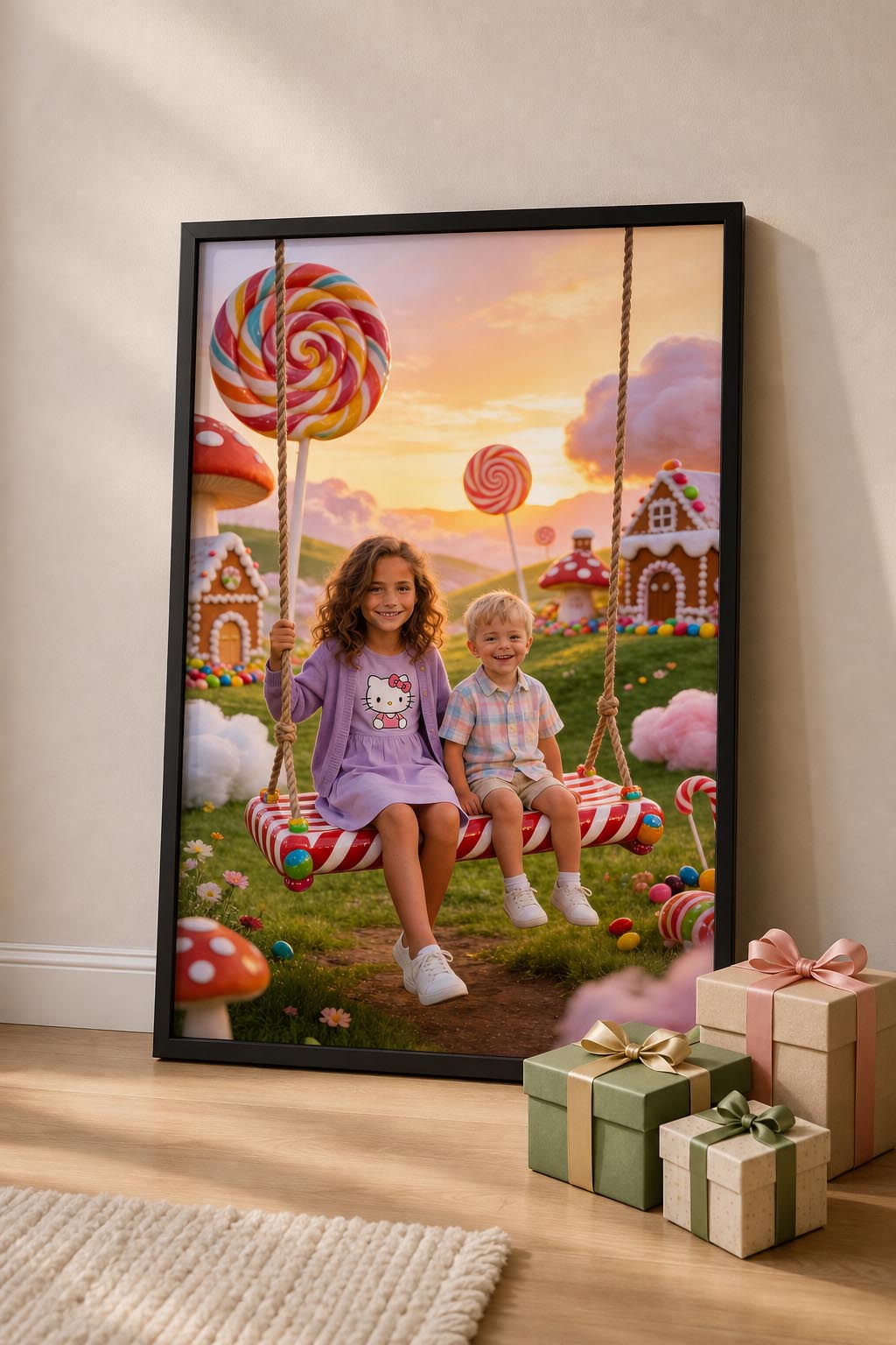 🍭 Big sister and brother playing on a swing in Candyland