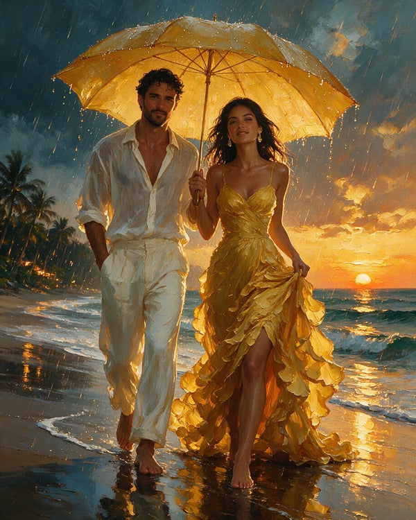 🌧️ Golden Rain Beach Romance