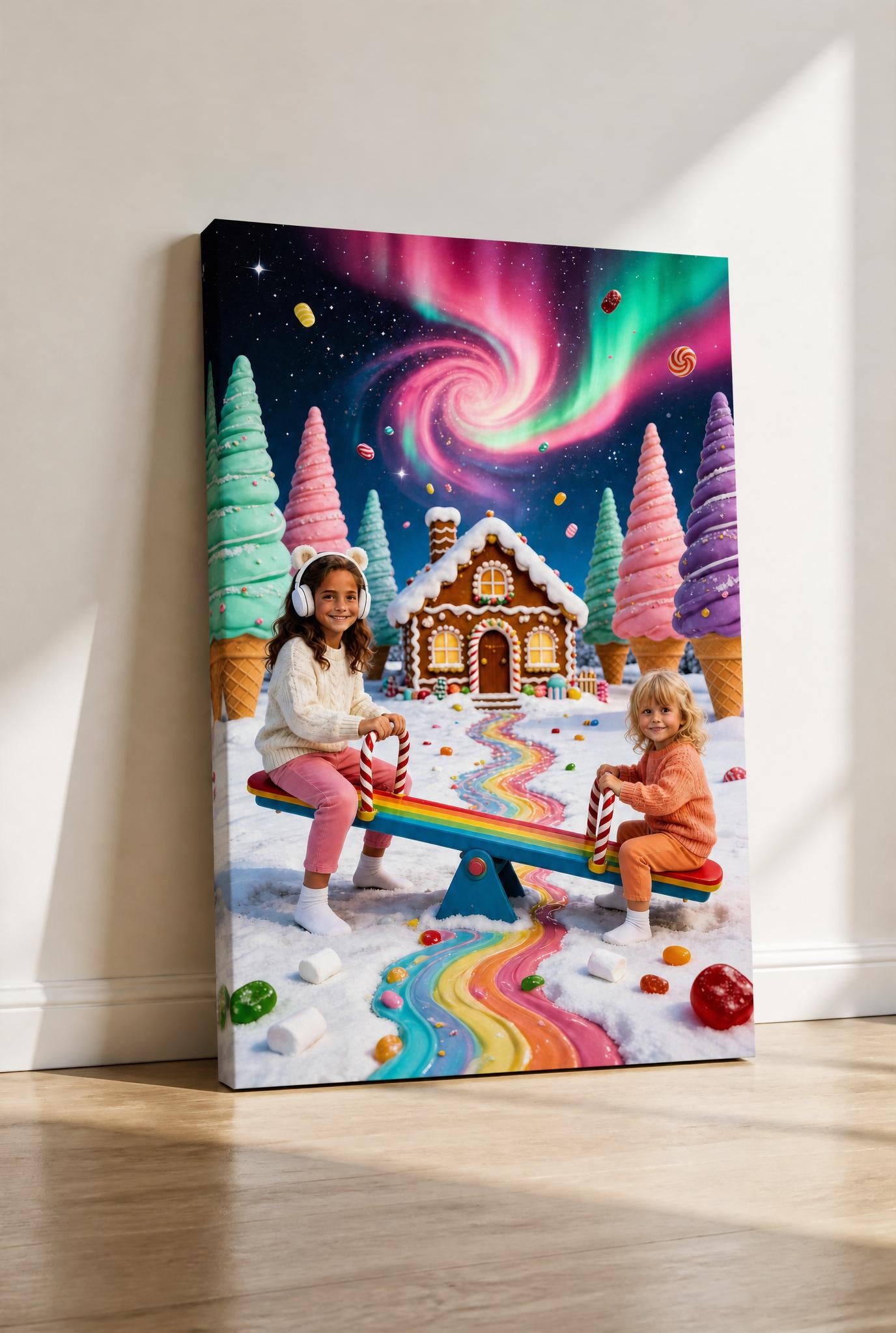 🛝 Two sisters playing seesaw in winter candyland