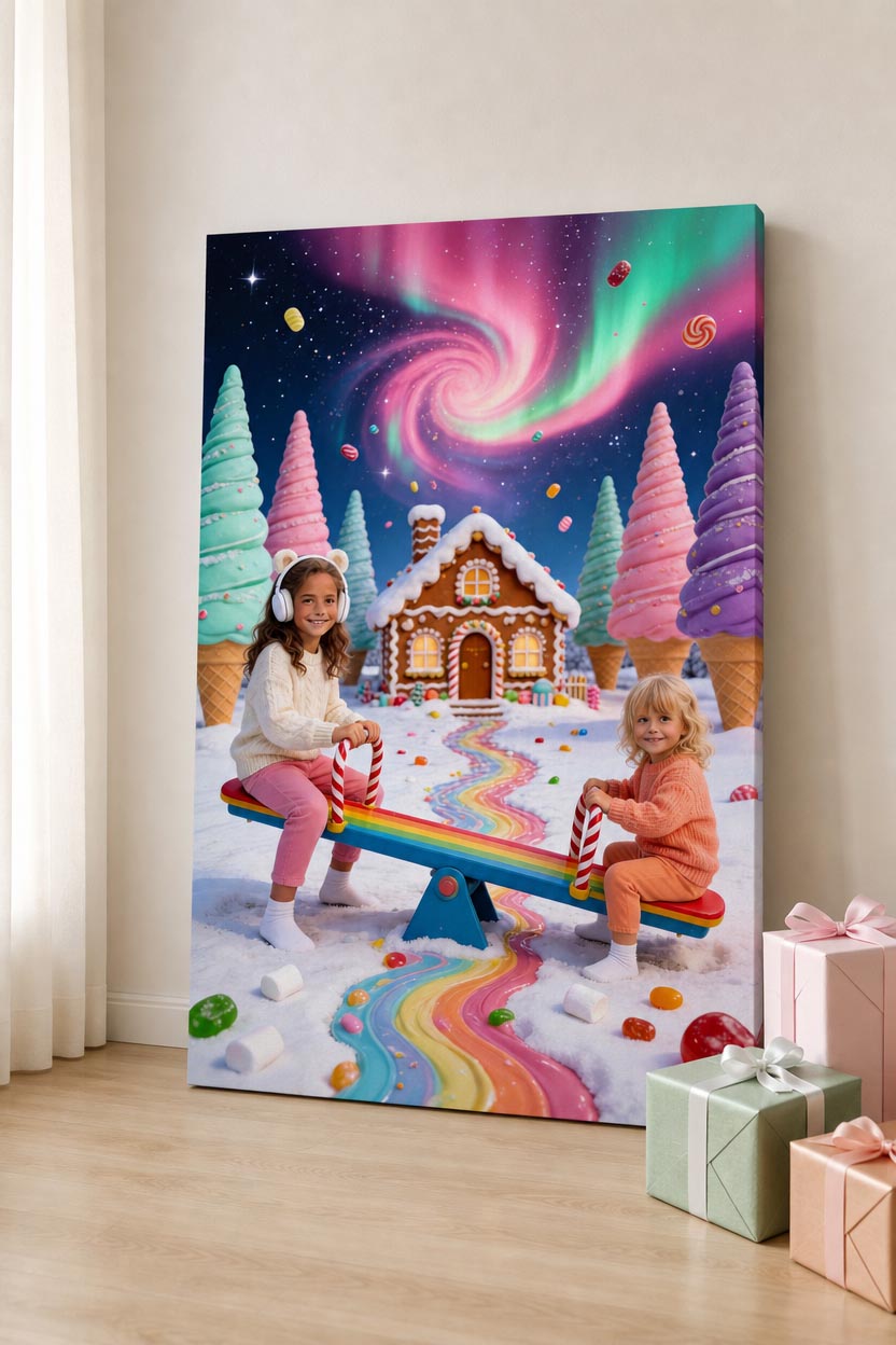 🛝 Two sisters playing seesaw in winter candyland