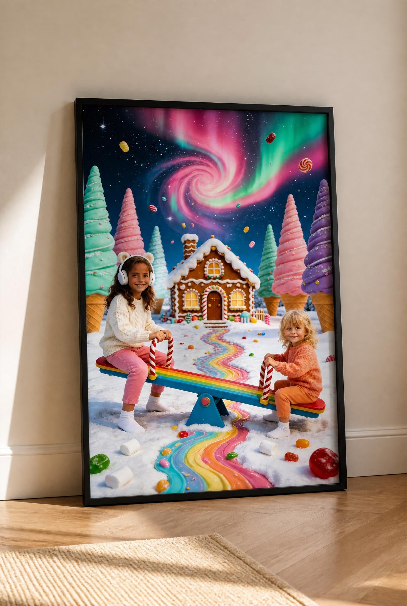 🛝 Two sisters playing seesaw in winter candyland