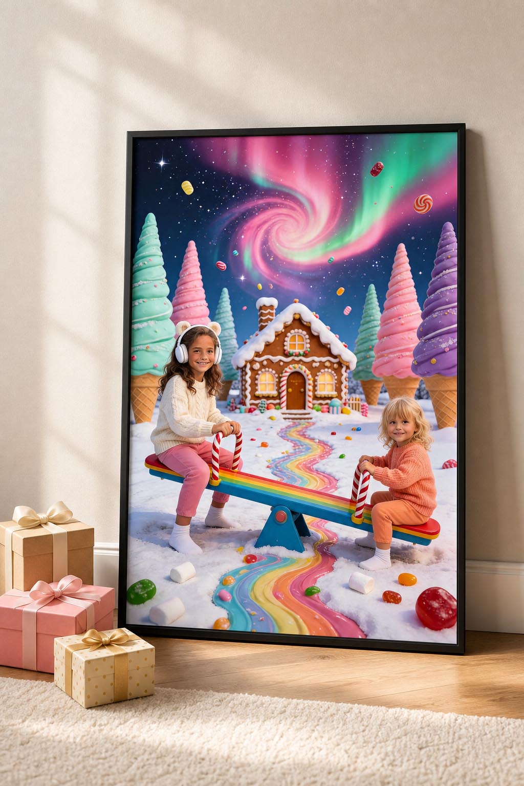 🛝 Two sisters playing seesaw in winter candyland