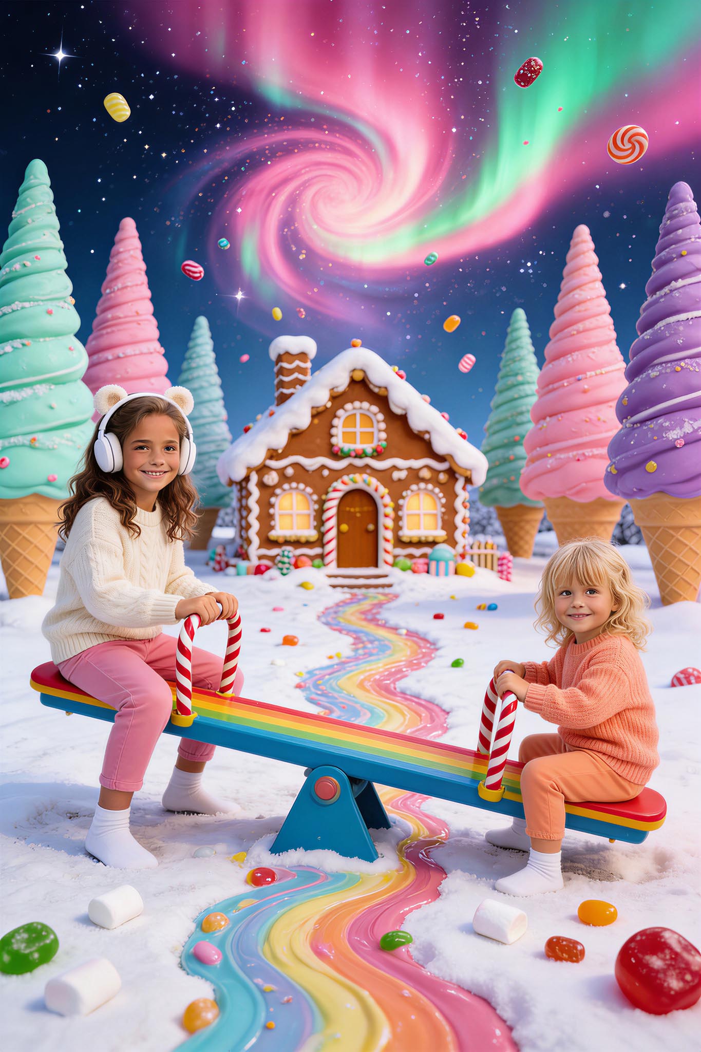 🛝 Two sisters playing seesaw in winter candyland