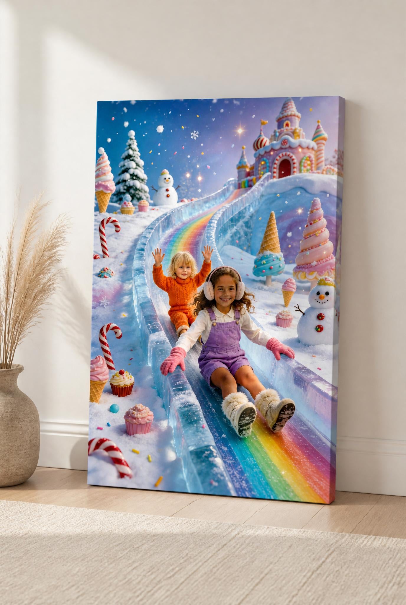❄️ Two sisters sliding down in winter candyland