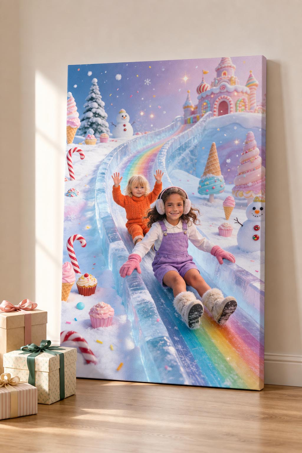 ❄️ Two sisters sliding down in winter candyland